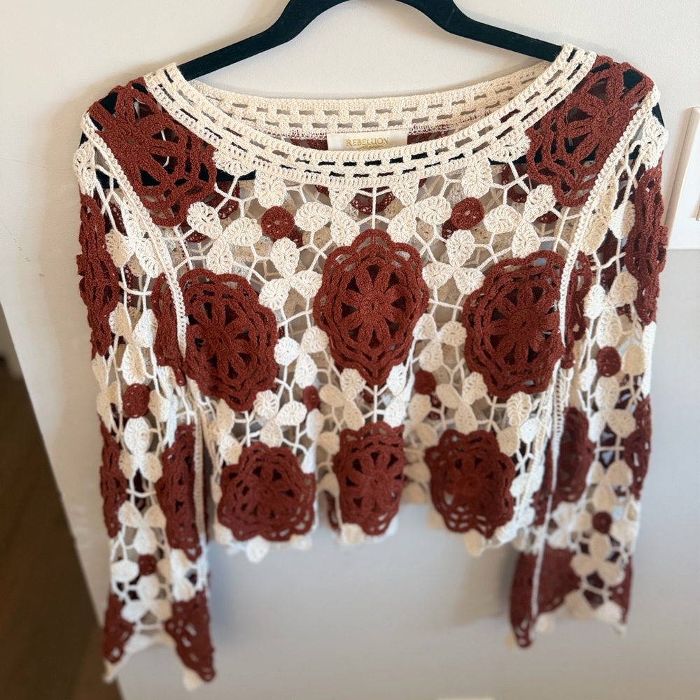 Rebellion Crochet Floral Openwork Sweater - Cream & Rust - Picture 11 of 11